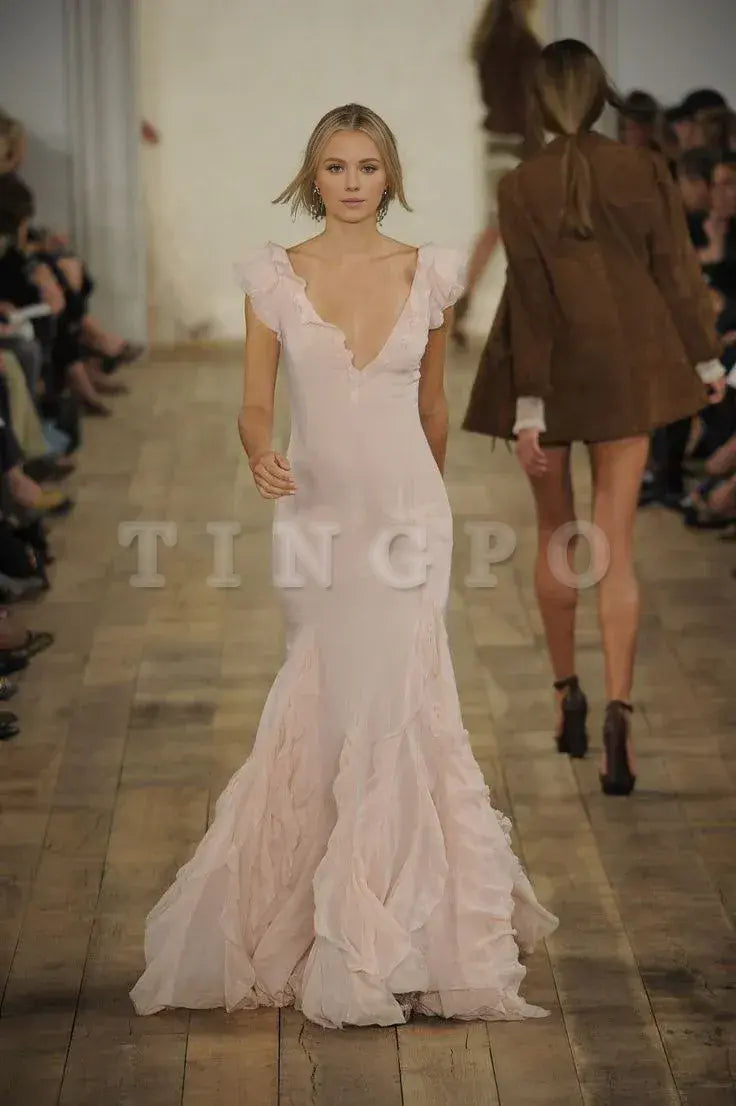 Wholesale Pretty Mermaid V neckline Long Chiffon Prom Dresses Evening Dress gowns evening dresses